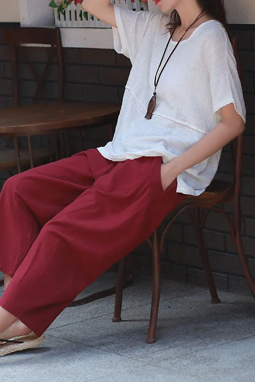 Spring and summer new linen women's clothing retro loose patchwork elastic pants J011-2