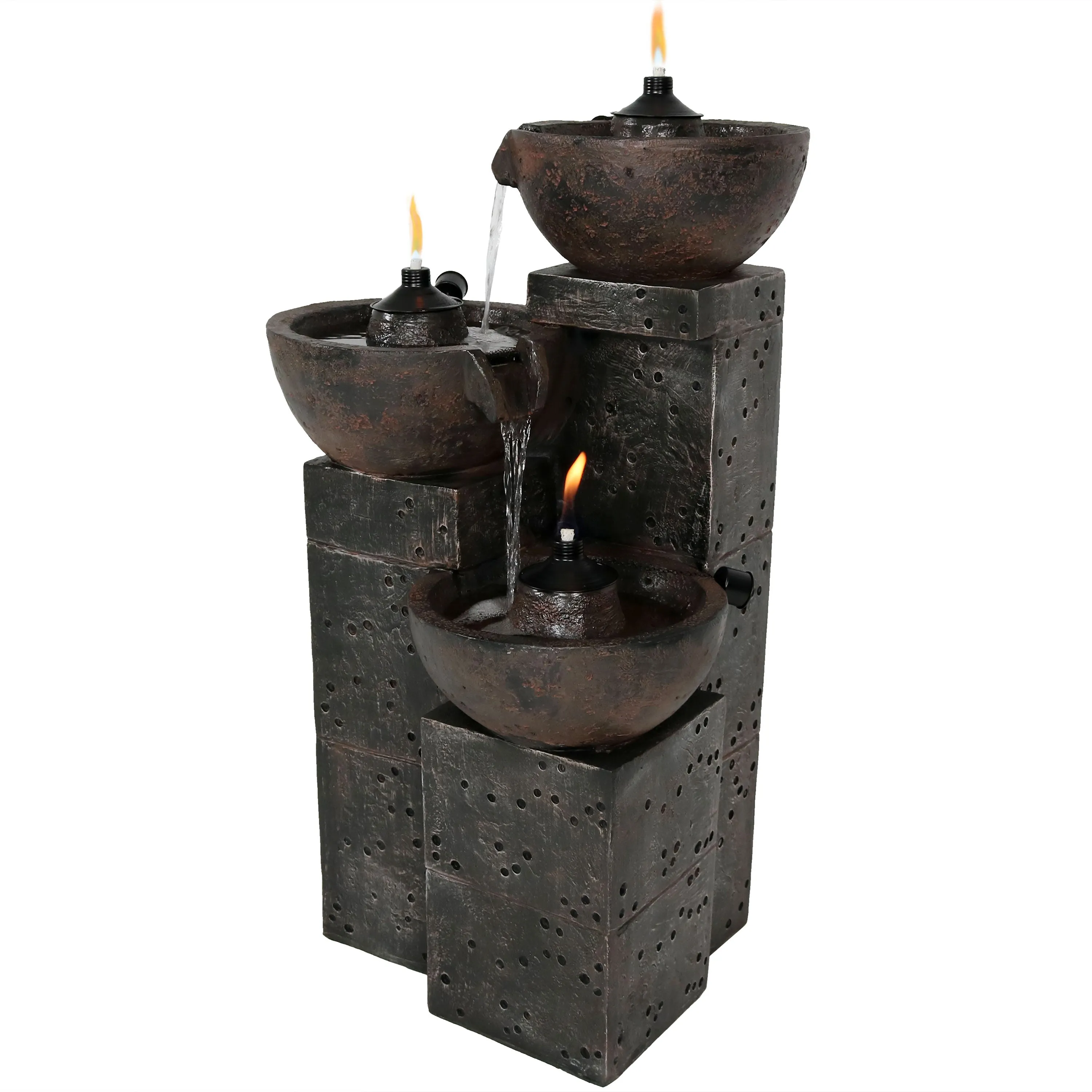 Sunnydaze 3-Tier Burning Bowls Outdoor Fire and Water Fountain - 34"