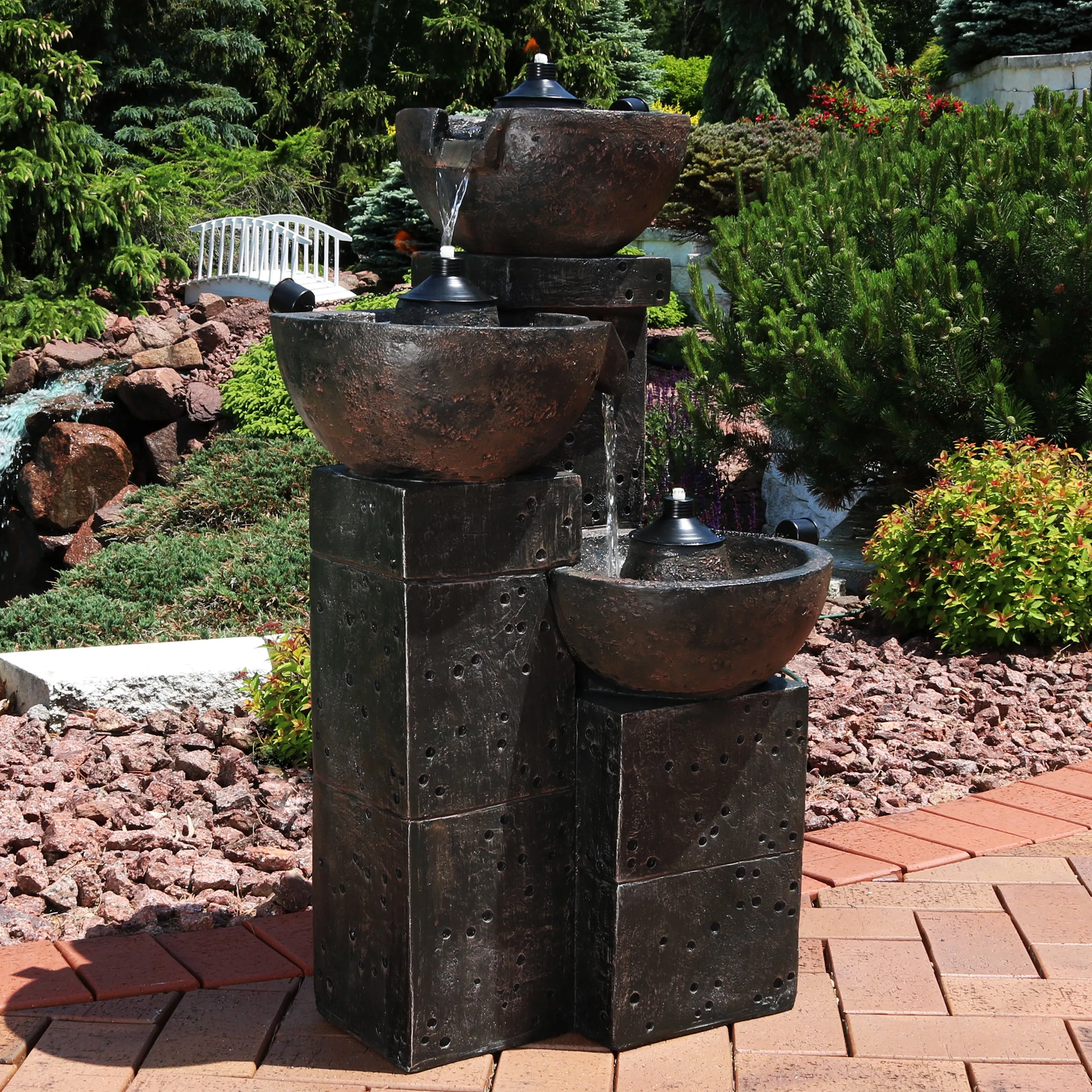 Sunnydaze 3-Tier Burning Bowls Outdoor Fire and Water Fountain - 34"