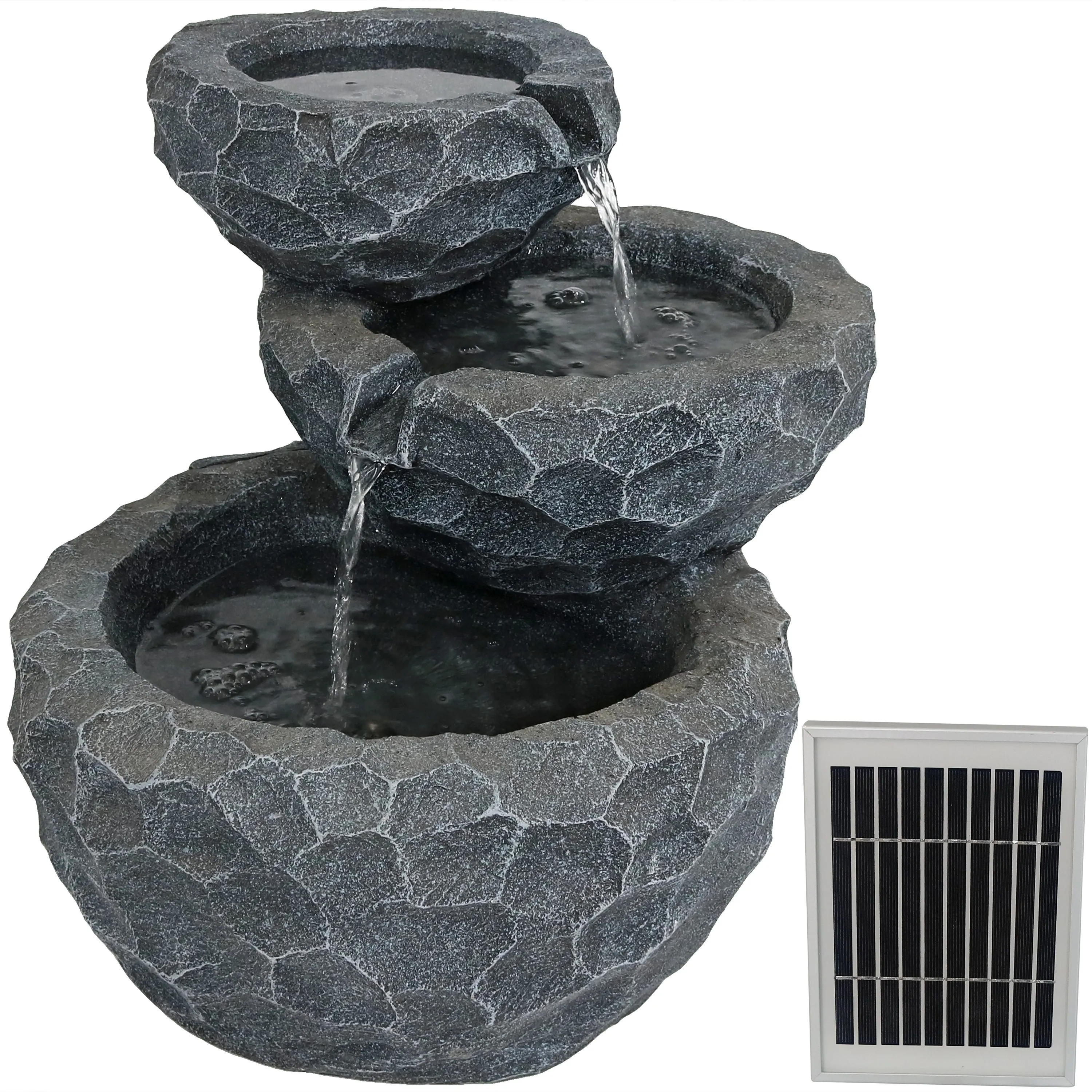 Sunnydaze 3-Tier Chiseled Basin Solar Fountain with Battery Backup