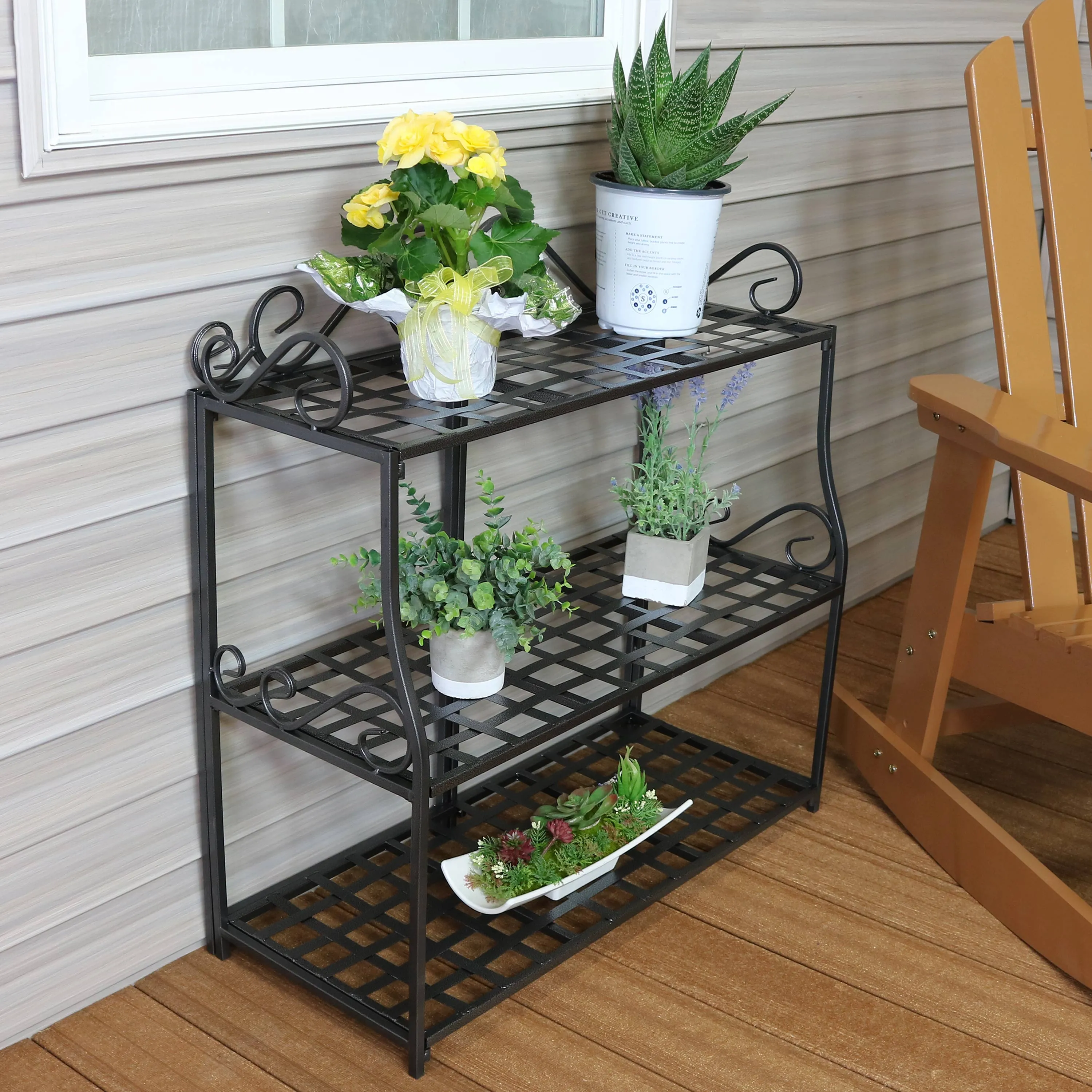 Sunnydaze 3-Tier Metal Iron Plant Stand with Decorative Scroll Design