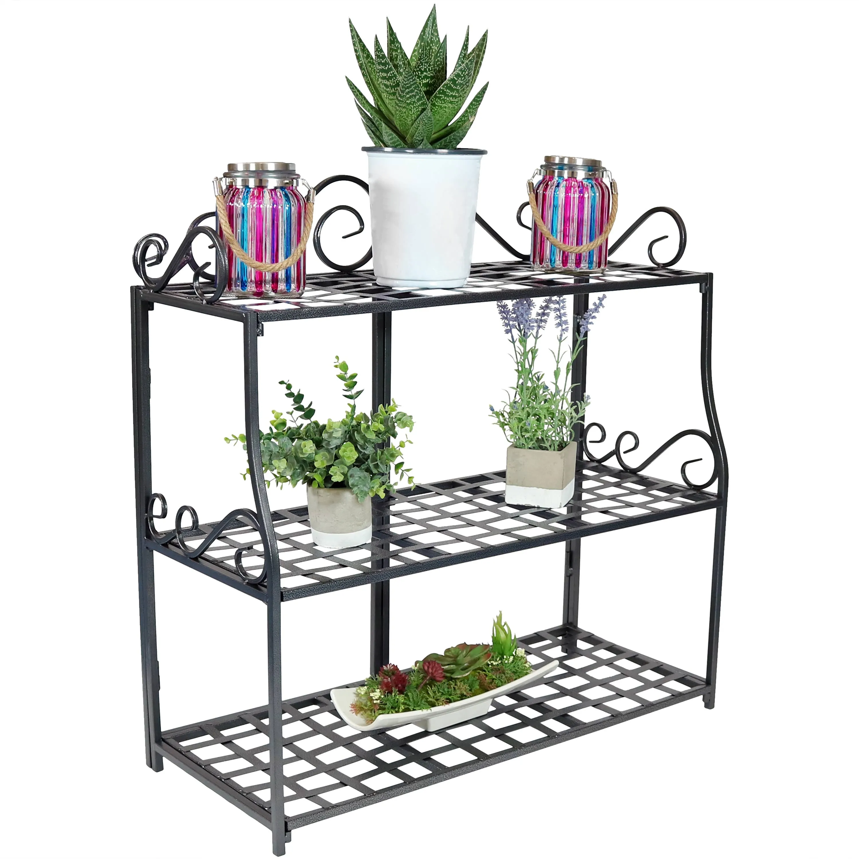 Sunnydaze 3-Tier Metal Iron Plant Stand with Decorative Scroll Design