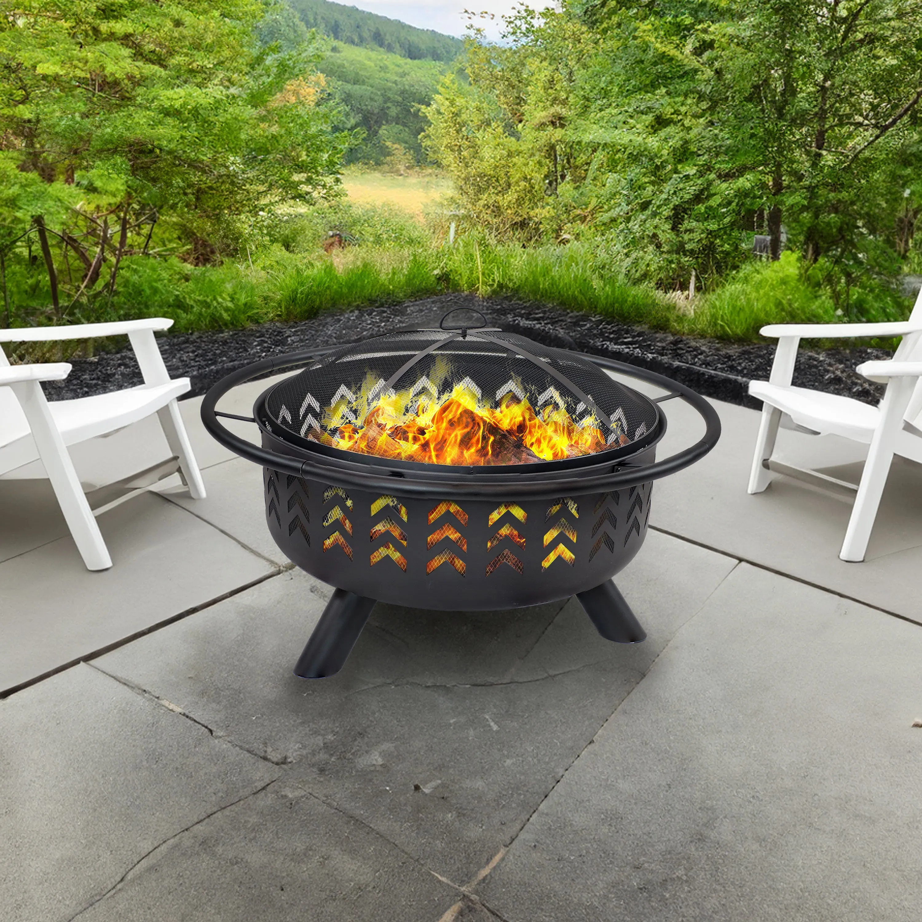 Sunnydaze Arrow Motif Steel Wood-Burning Fire Pit with Spark Screen - 36"