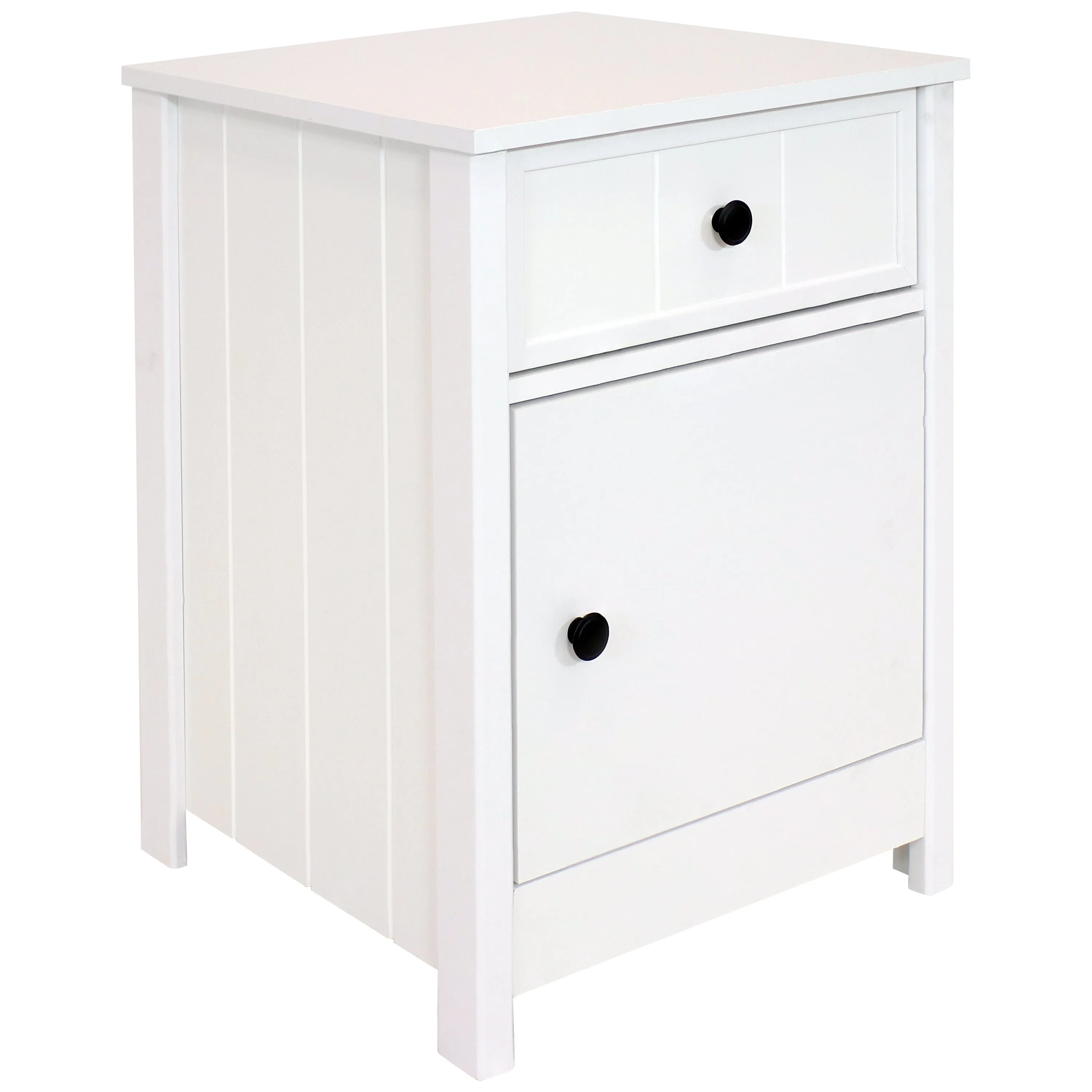 Sunnydaze Beadboard Nightstand Side Table with Drawer and Cabinet - White