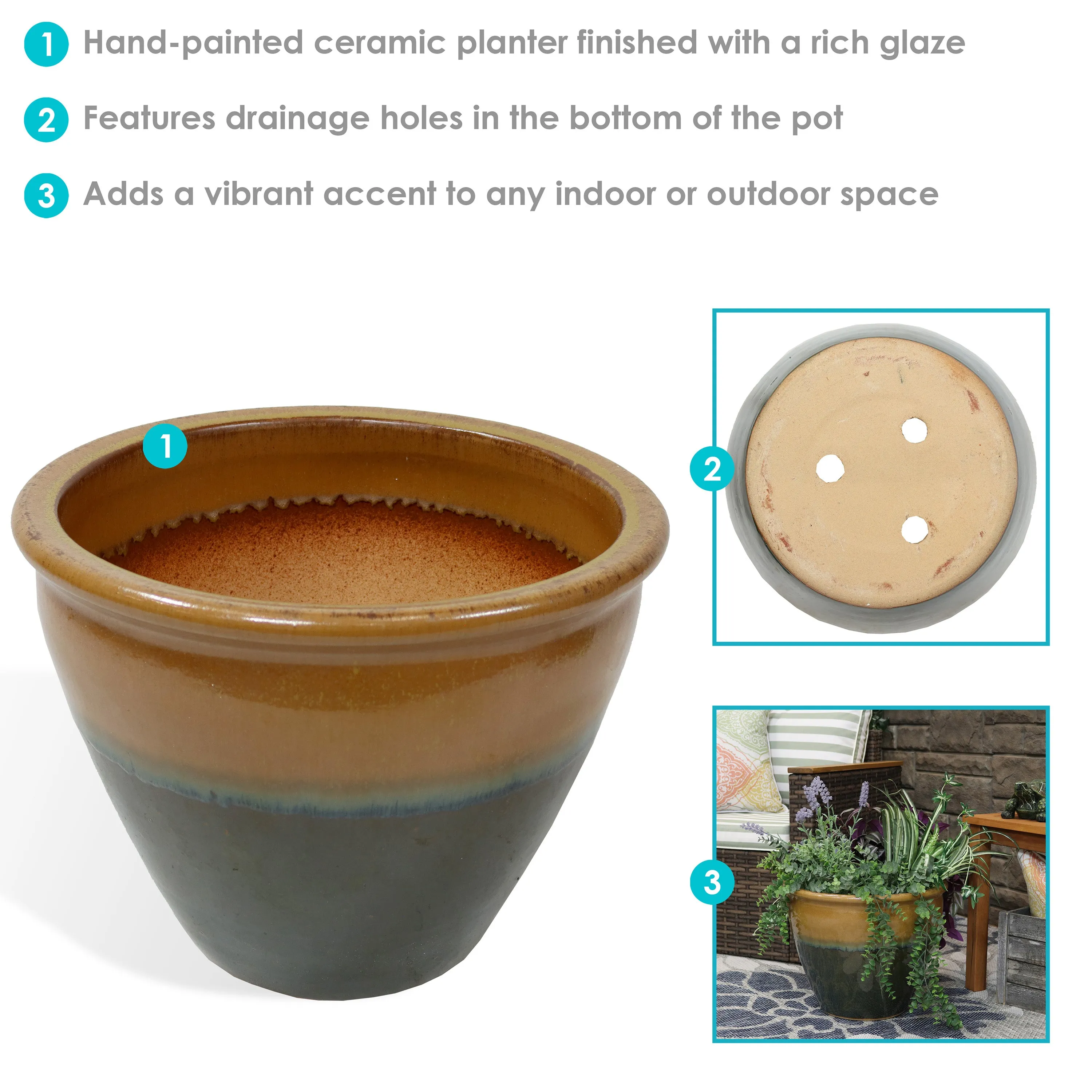 Sunnydaze Chalet High-Fired Glazed Ceramic Planter - 15"