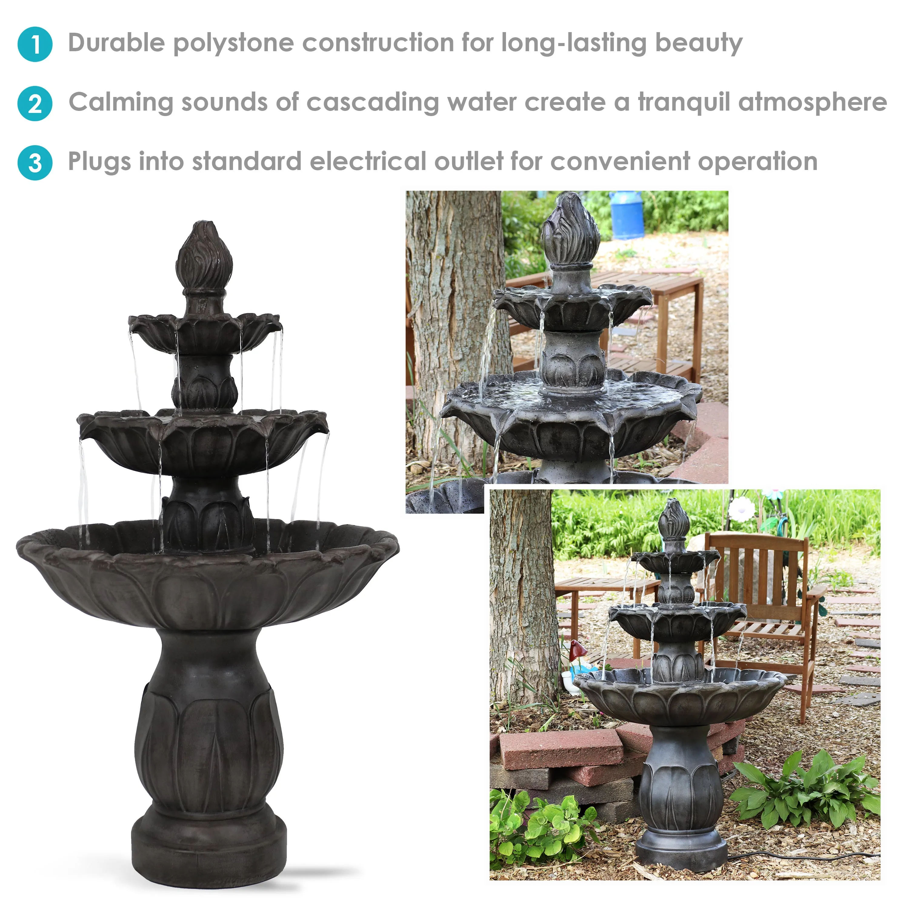 Sunnydaze Classic Tulip 3-Tier Outdoor Water Fountain