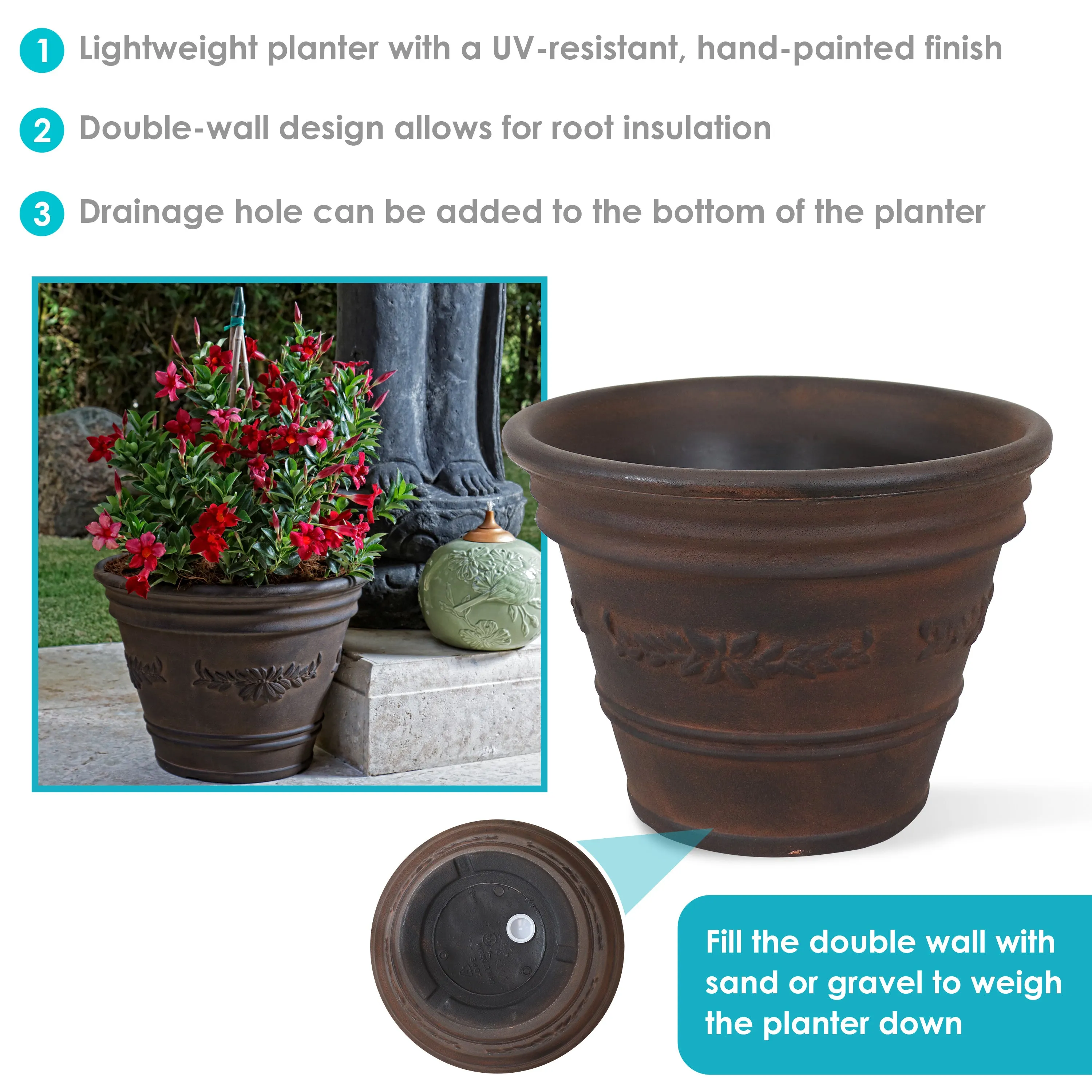 Sunnydaze Laurel Outdoor Flower Pot Planter - Rust - 13"