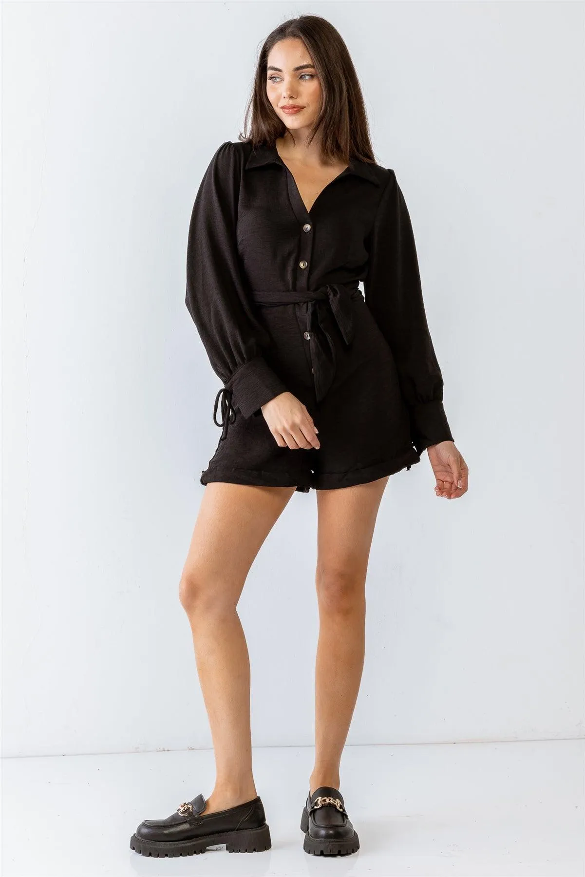 Textured Button-Up Collared Long Sleeve Belted Romper