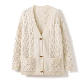 V-neck Mid-length Knitted Twist Coat Loose Long-sleeved Twisted sweater