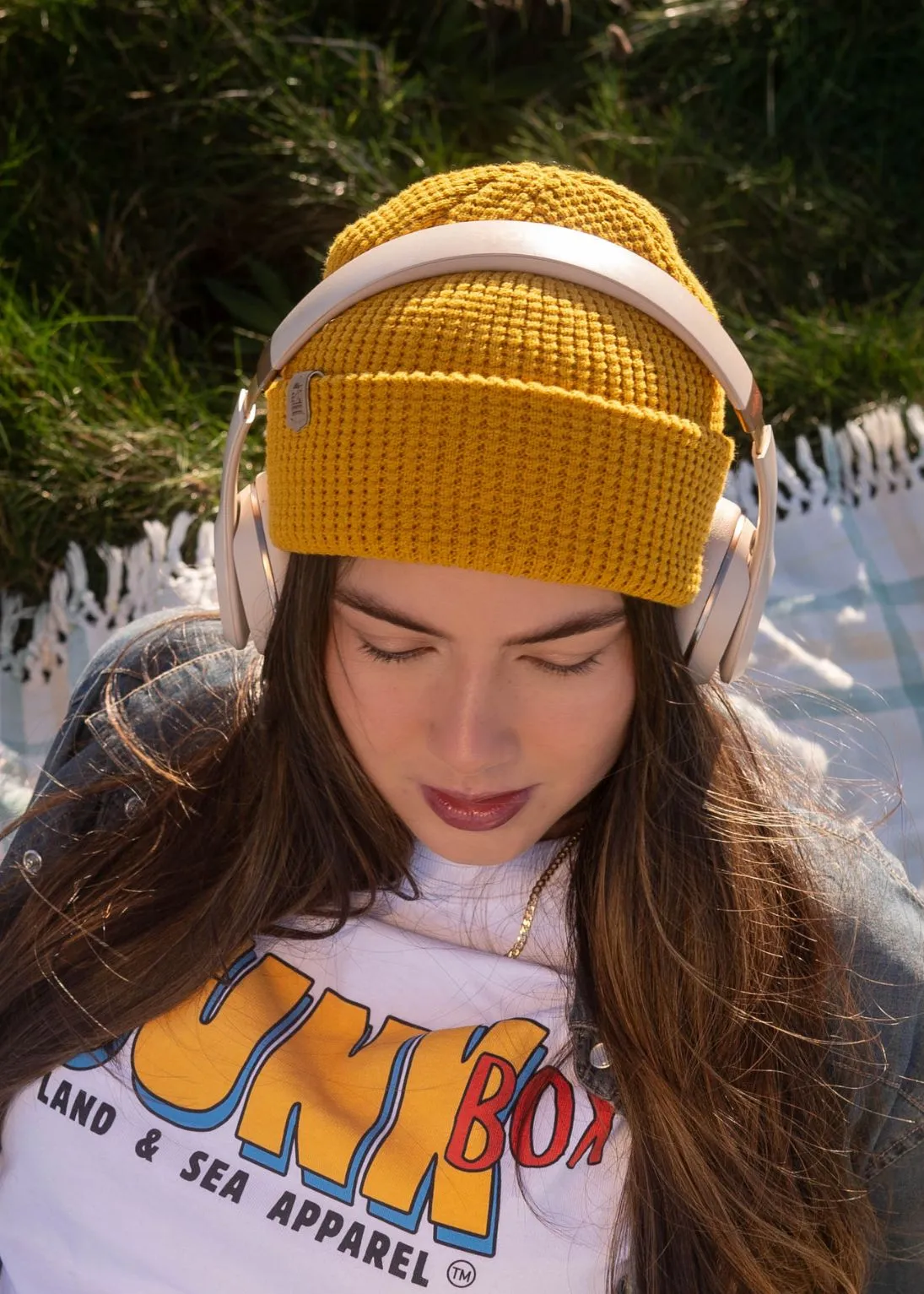 Waffle Organic Cotton Beanie Hat in Mustard