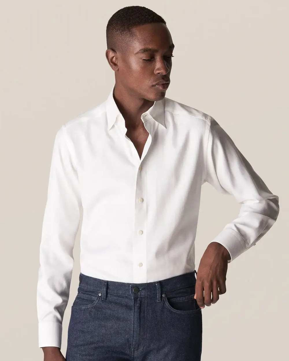 White Stretch Knit-Effect Dress Shirt