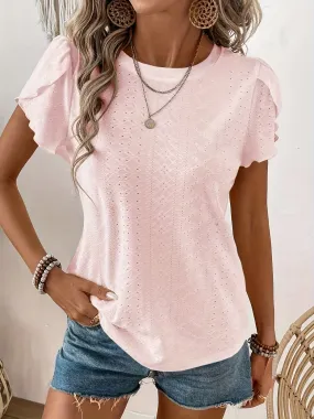 Womens Elegant Solid Crew Neck Micro Elastic T-Shirt - Soft Polyester Knit Fabric, Semi-Sheer, Regular Length, Perfect for Spring, Summer, and Fall - Classic Petal Sleeve Top for Ladies