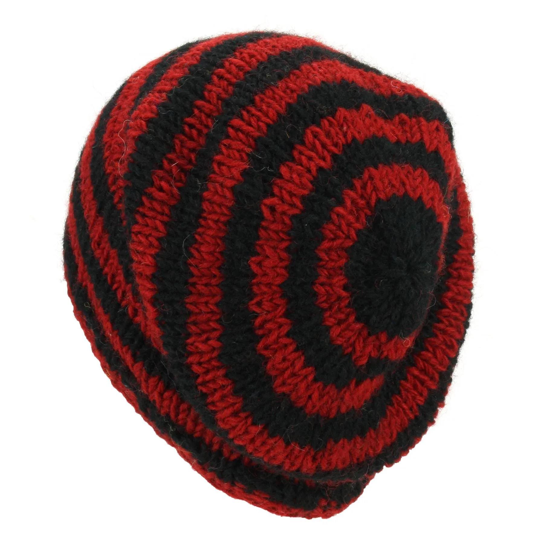 Wool Knit Baggy Slouch Beanie Hat - Stripe Red Black